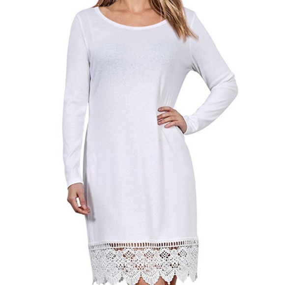 Dresses & Skirts - White Long Sleeve A Line Lace Trim Dress XL